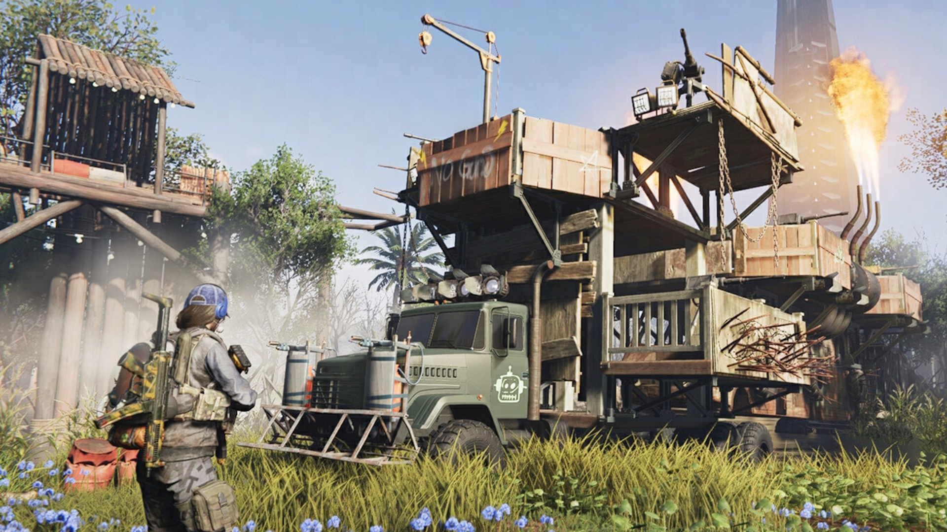 Player stands in front of their truck house.