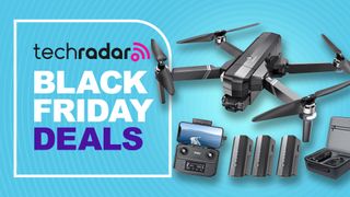 Ruko F11 Pro drone and accessories on a blue background alongside techradar black friday deals text overlay