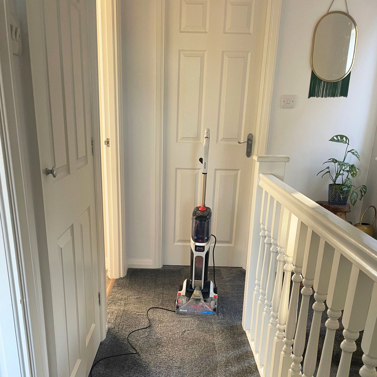 Shark CarpetForce Upright Carpet Cleaner sitting on grey carpet on a white painted landing area