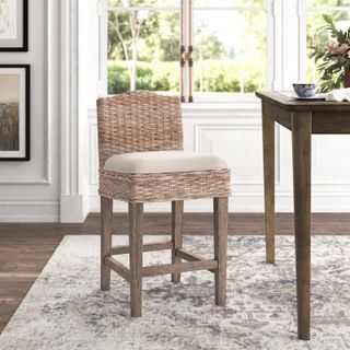 Kaia Rattan and Solid Wood Upholstered Stool