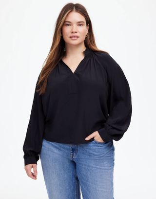 MW, Plus Shirred Long-Sleeve Top in Silk