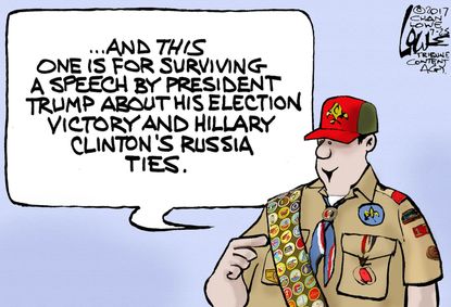 Political cartoon U.S. Trump boy scout speech Clinton election