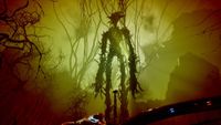 The Axis Unseen - some kind of huge humanoid horror standing in a sickly green-lit forest