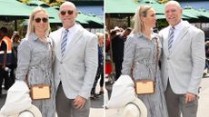 Composite of a pictures of Zara Tindall in a striped dress with Mike Tindall in a suit at Day 10 of Wimbledon 2023