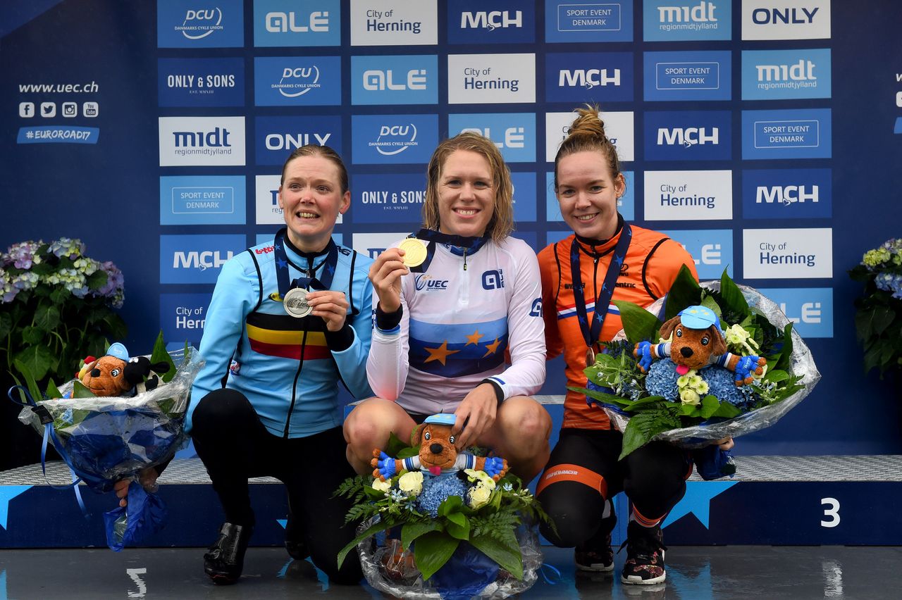Ann-Sophie Duyck (Belgium),Ellen van Dijk (Netherlands) and Anna van der Breggen on the final podium