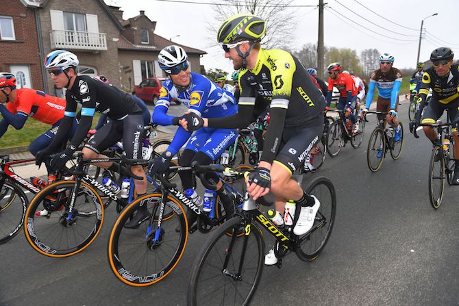 Luke Durbridge (Mitchelton-Scott) chats with eventual race winner Zdenek Stybar (Deceuninck-QuickStep) during the 2019 Omloop Het Nieuwsblad