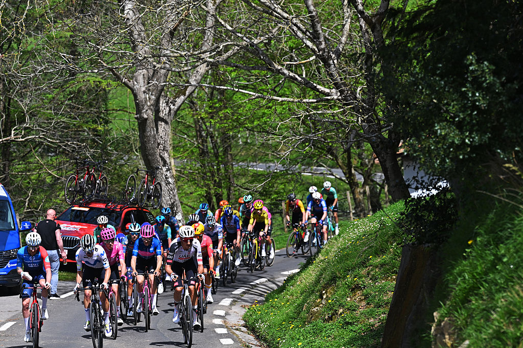 EIBAR, SPAIN - APRIL 10: (L-R) Quentin Pacher of France and Team Groupama - FDJ United, Juan Pedro Lopez of Spain and Team Movistar, Michael Leonard of Canada, Markel Beloki of Spain and Team EF Education - EasyPost - Blue Best Young Rider Jersey and Marc Soler of Spain and UAE Team Emirates - XRG compete in the breakaway during the 65th Itzulia Basque Country 2026, Stage 5 a 176.2km stage from Eibar to Eibar / #UCIWT / on April 10, 2026 in Eibar, Spain. (Photo by Tim de Waele/Getty Images)