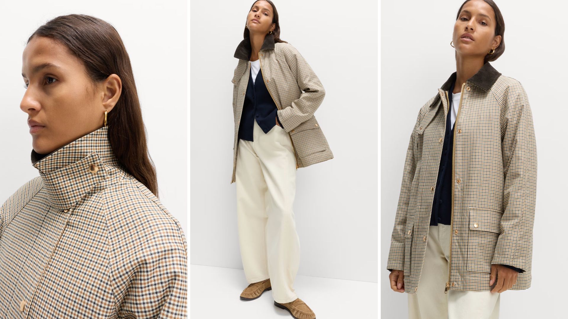 three model images of the M&amp;S Waxed Look Checked Utility Jacket