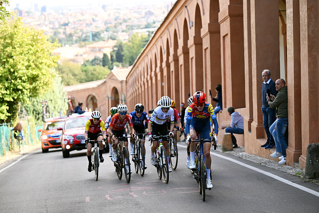 MIRANDOLA, ITALY - OCTOBER 04: Isabella Holmgren of Canada and Team Lidl - Trek compete during the 12th Giro dell&amp;amp;apos;Emilia Internazionale Donne Elite 2025 a 126.7km one day race from Mirandola to San Luca on October 04, 2025 in Mirandola, Italy. (Photo by Dario Belingheri/Getty Images)