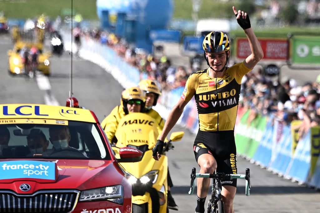 MEGEVE FRANCE AUGUST 16 Arrival Sepp Kuss of The United States and Team Jumbo Visma Celebration during the 72nd Criterium du Dauphine 2020 Stage 5 a 1535km stage from Megeve to Megeve 1458m dauphine Dauphin on August 16 2020 in Megeve France Photo by AnneChristine PoujoulatPool via Getty Images