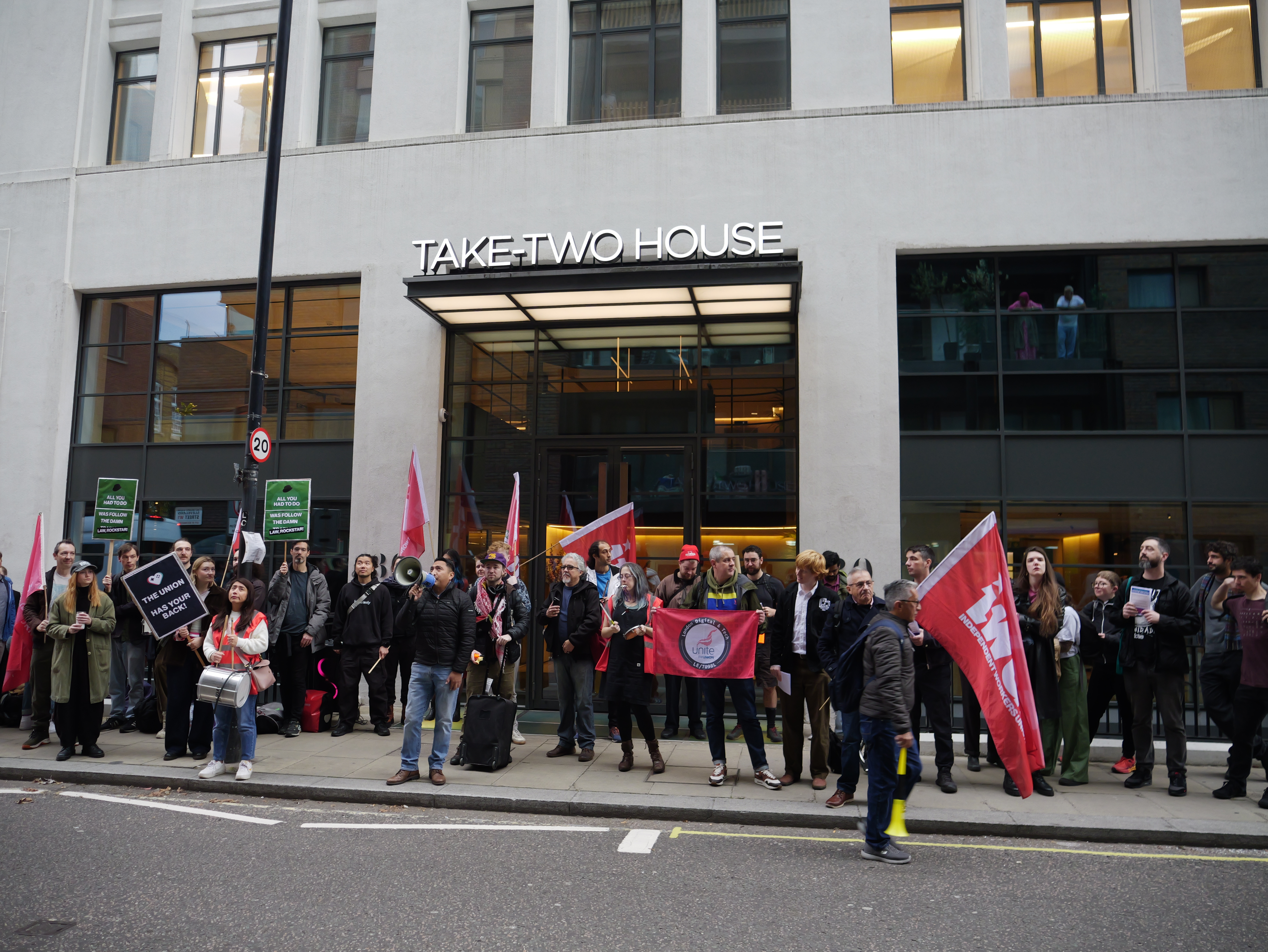 Protestors outside Take-Two's office.
