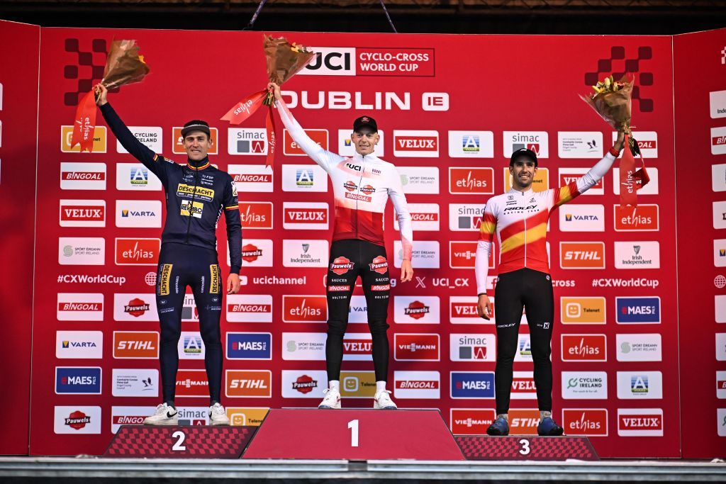 Belgian Toon Aerts, Belgian Michael Vanthourenhout and Spanish Felipe Orts Lloret pictured on the podium after the men's elite race of the World Cup cyclocross cycling event in Dublin, Ireland, stage 2 (out of 12) of the UCI World Cup cyclocross competition, . BELGA PHOTO JASPER JACOBS (Photo by JASPER JACOBS / BELGA MAG / Belga via AFP) (Photo by JASPER JACOBS/BELGA MAG/AFP via Getty Images)