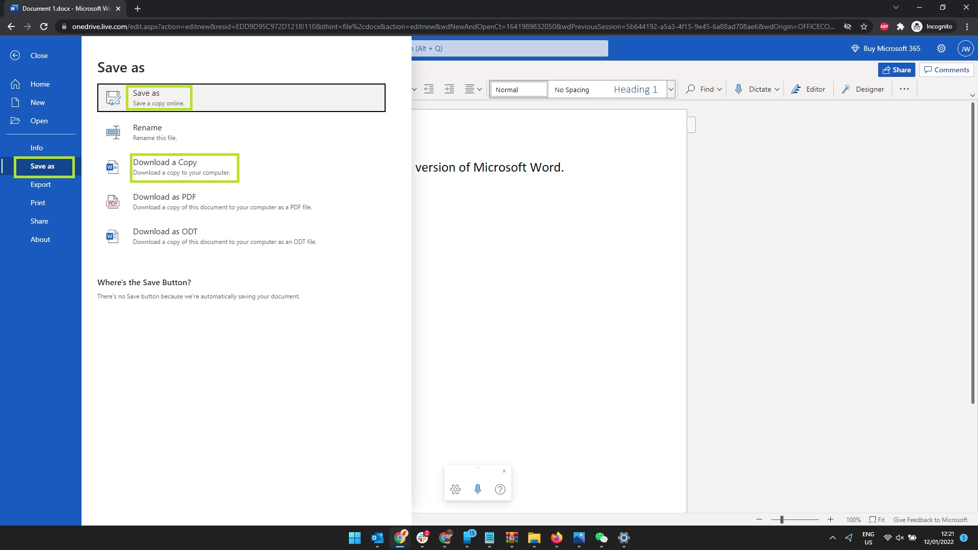 Screenshot of save menu on Microsoft Word online on Chrome