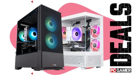 An ABS and Thermaltake gaming PC on a custom PC Gamer Deals background.