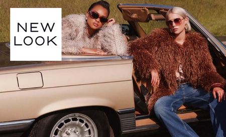 New Look logo top left with two woman posing in big fur coats in a convertible