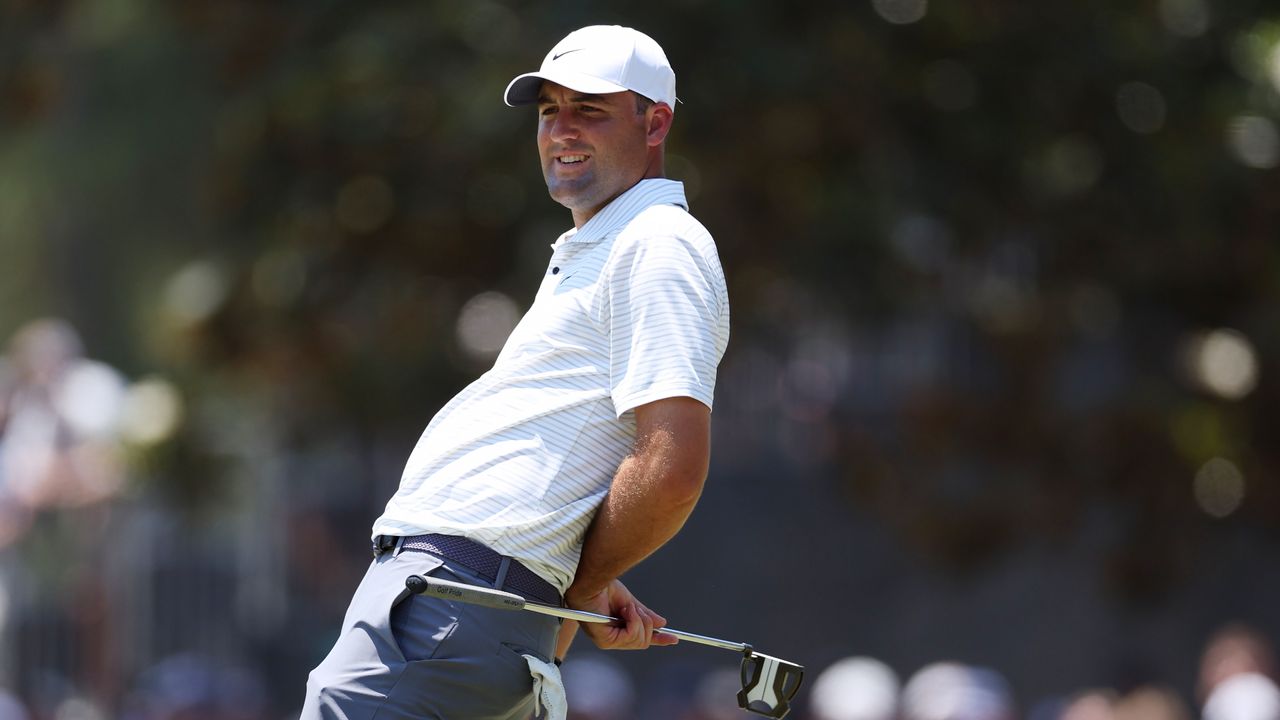 Scottie Scheffler of the United States reacts after a putt on the seventh green during the second round of the 124th U.S. Open at Pinehurst Resort on June 14, 2024 in Pinehurst, North Carolina.