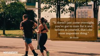 Couple running together along road in the sunshine with quote