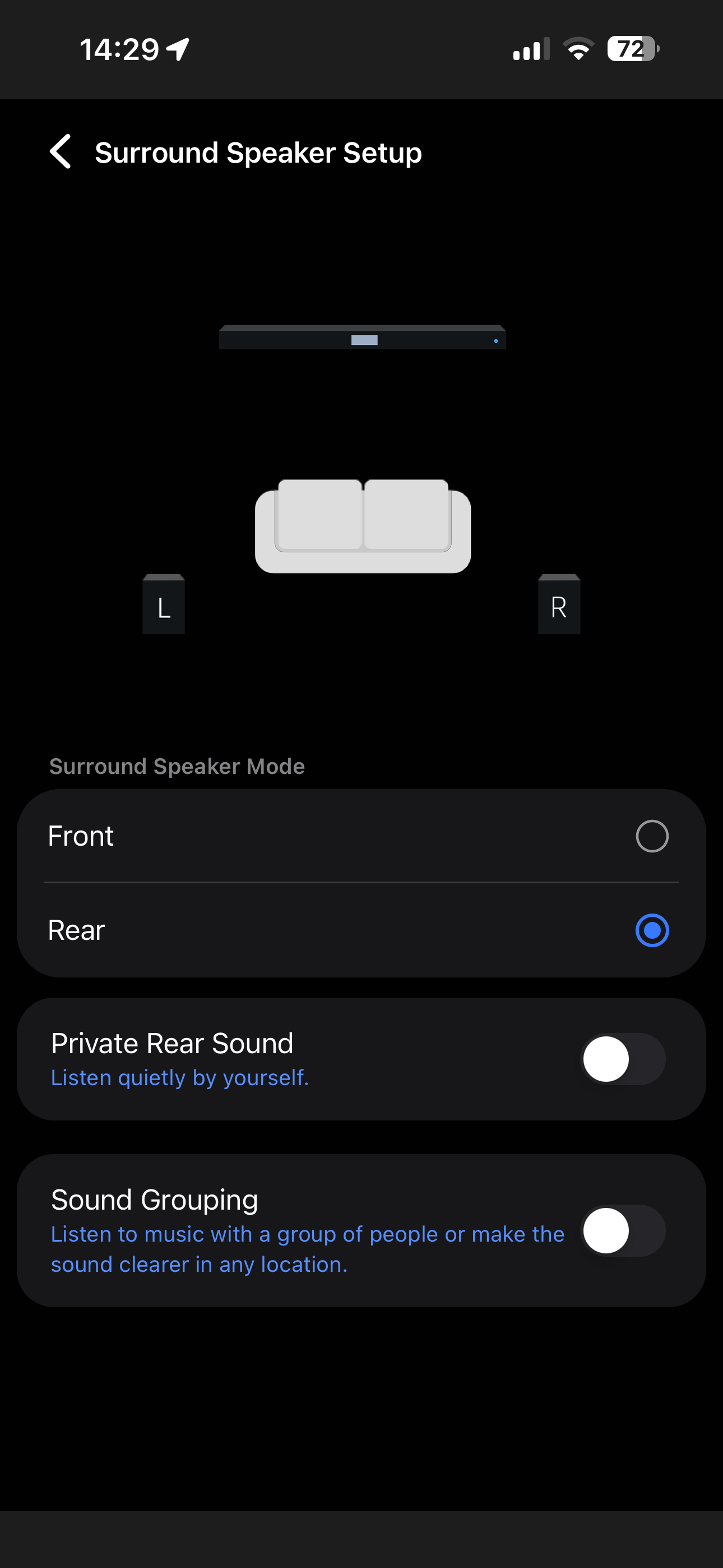 Screenshot of SmartThings app showing settings for surround speaker setup for the Samsung HW-Q990F.