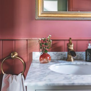 Close up of marble sink with brass tap in front of red bathroom walls