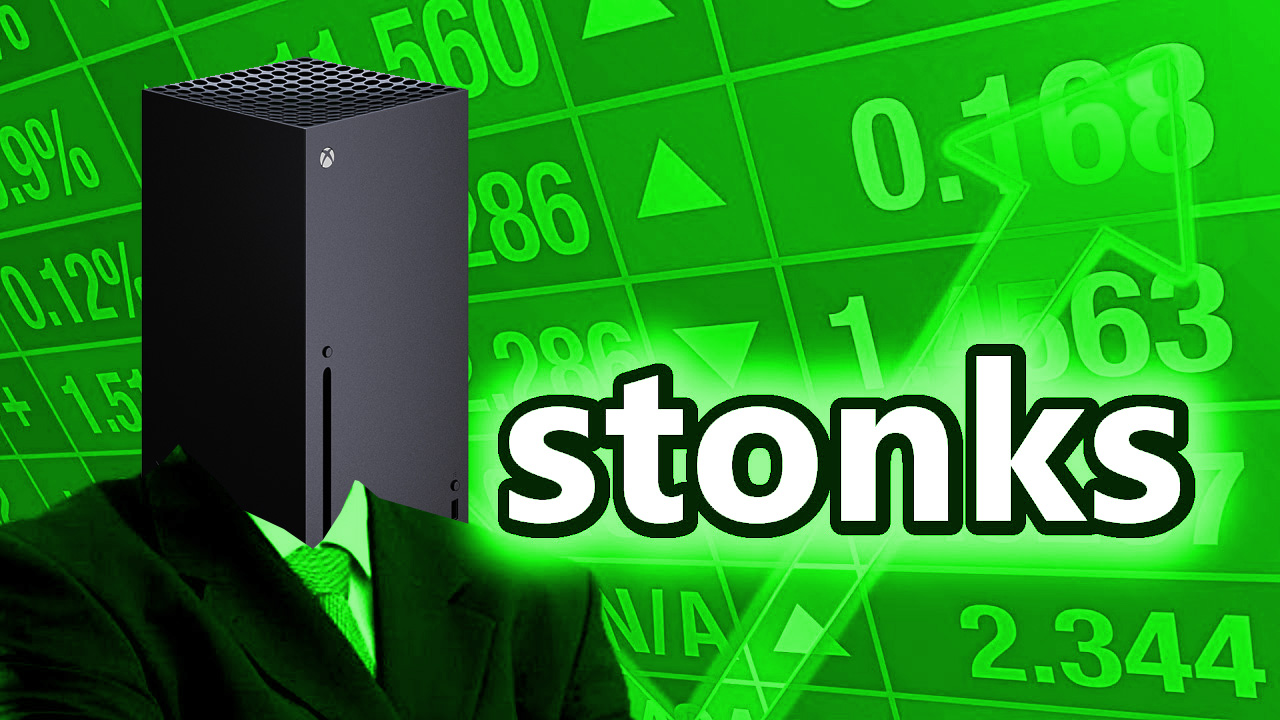 Stonks stock going up meme with a bad Xbox photoshop twist