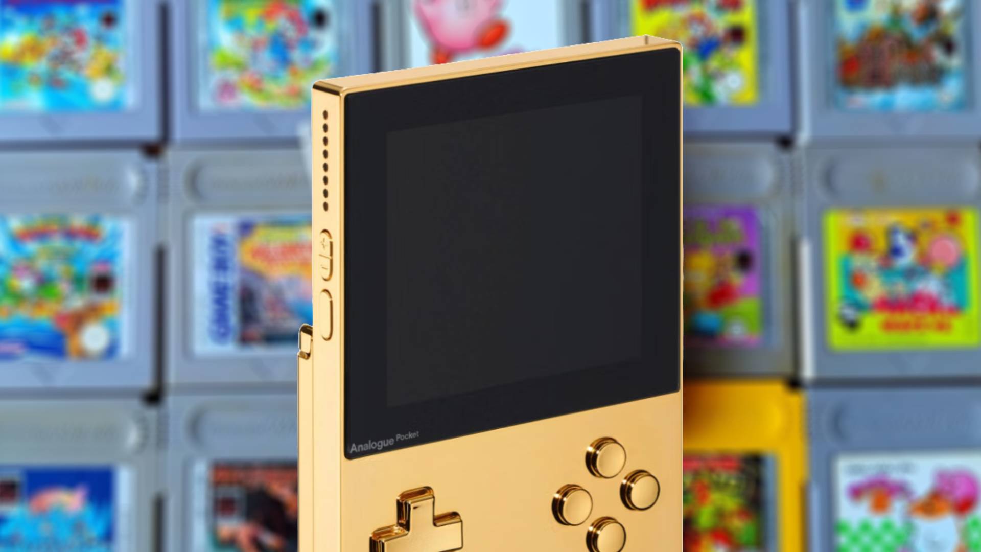 Supreme Analogue Pocket 24K gold-plated handheld with Game Boy games in backdrop.