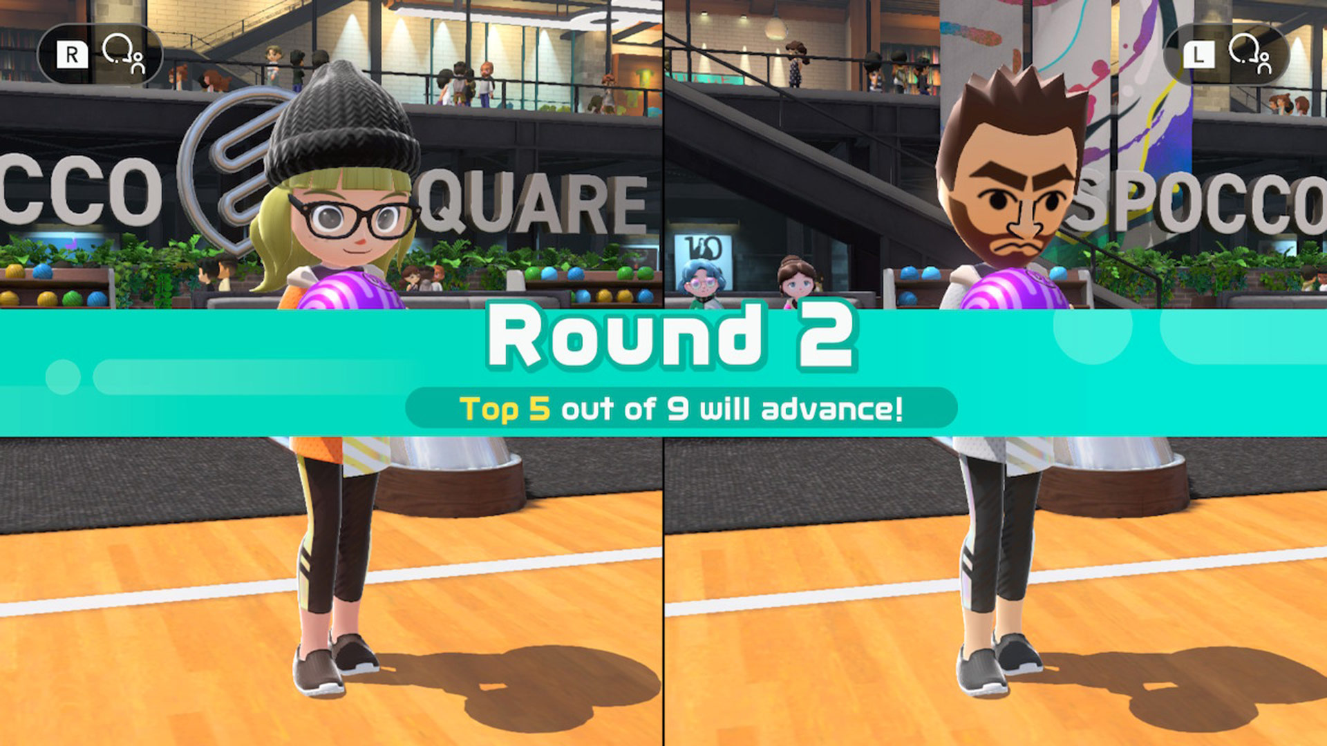 A screen from Nintendo Switch Sports showing the bowling mini-game in online multiplayer