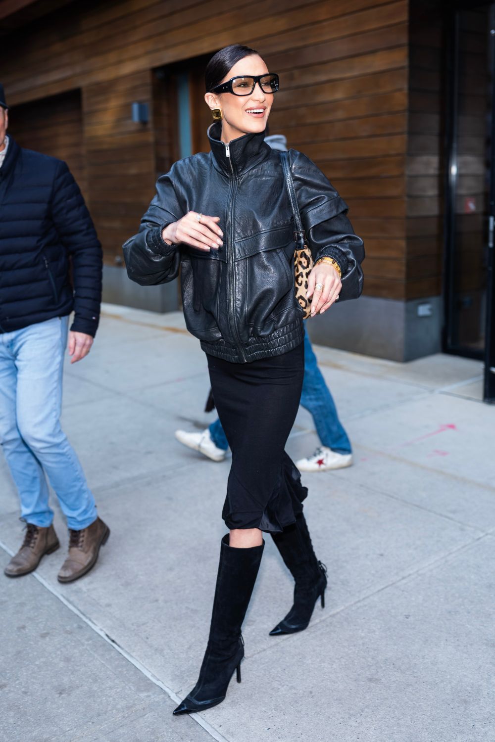 Bella Hadid leather bomber jacket