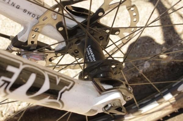 Weir had a 20mm thru-axle front hub laced to the Stryker cross-country rim, this configuration will not be available at retail.