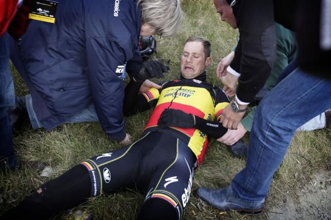Tom Boonen (Omega Pharma QuickStep) crashes out of the Tour of Flanders