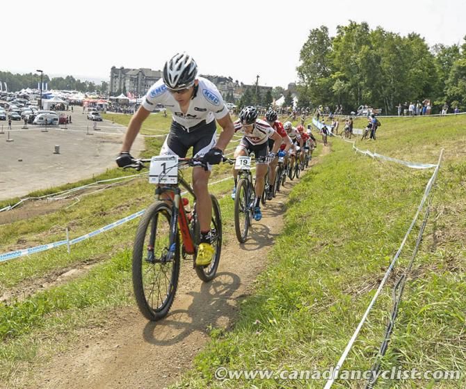 Jordan Sarrou (BH-Suntour-KMC) leading a long line as they head out to the first lap