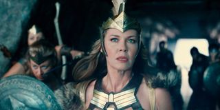Justice League Hippolyta in full armor, with her fellow Amazonians