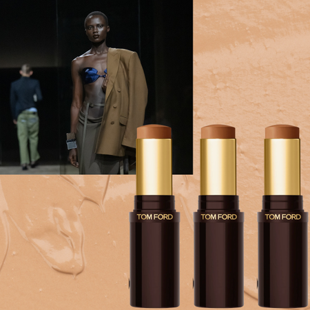 A model at the Tom Ford S/S '27 show next to three tubes of the new Tom Ford Stick Foundation. 