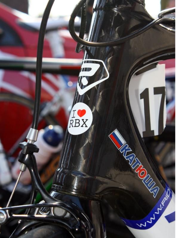 Nicolai Trussov (Katusha) slapped this sticker on his head tube just before heading to the start line.