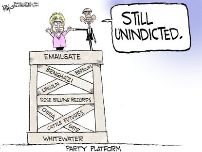 Political cartoon U.S. Hillary Clinton Barack Obama emails Benghazi party platform