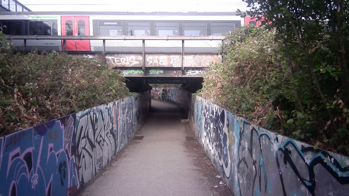 Sample image of Godox C100 showing grafittied pathway under a railway line with train going overhead
