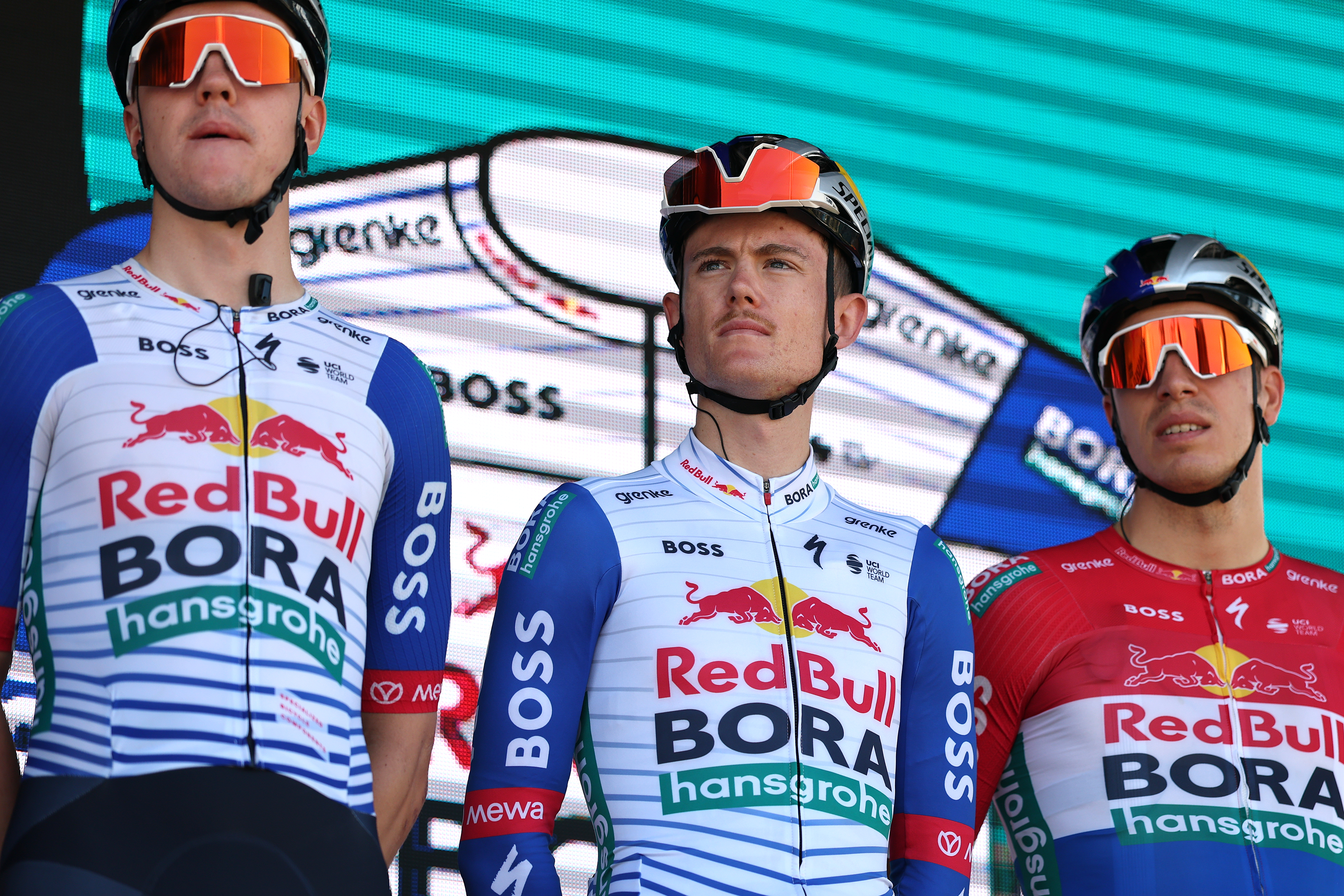 GEELONG, AUSTRALIA - FEBRUARY 01: Luke Tuckwell of Australia and Team Red Bull - BORA - hansgrohe (C) with teammates prior to the 10th Mapei Cadel Evans Great Ocean Road Race 2026 - Men&amp;amp;apos;s Elite a 182.3km one day race from Geelong to Geelong / #UCIWT / on February 01, 2026 in Geelong, Australia. (Photo by Con Chronis/Getty Images)