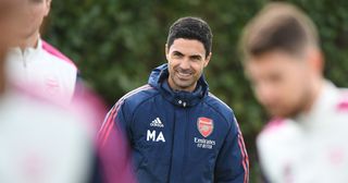 Arsenal manager Mikel Arteta during a training session at London Colney on April 11, 2023 in St Albans, England.