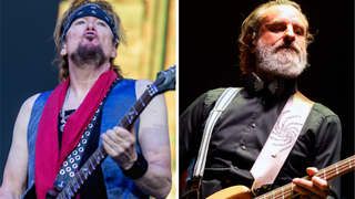 Adrian Smith onstage with Iron Maiden in 2025, and Justin Chancellor onstage with Tool in 2025