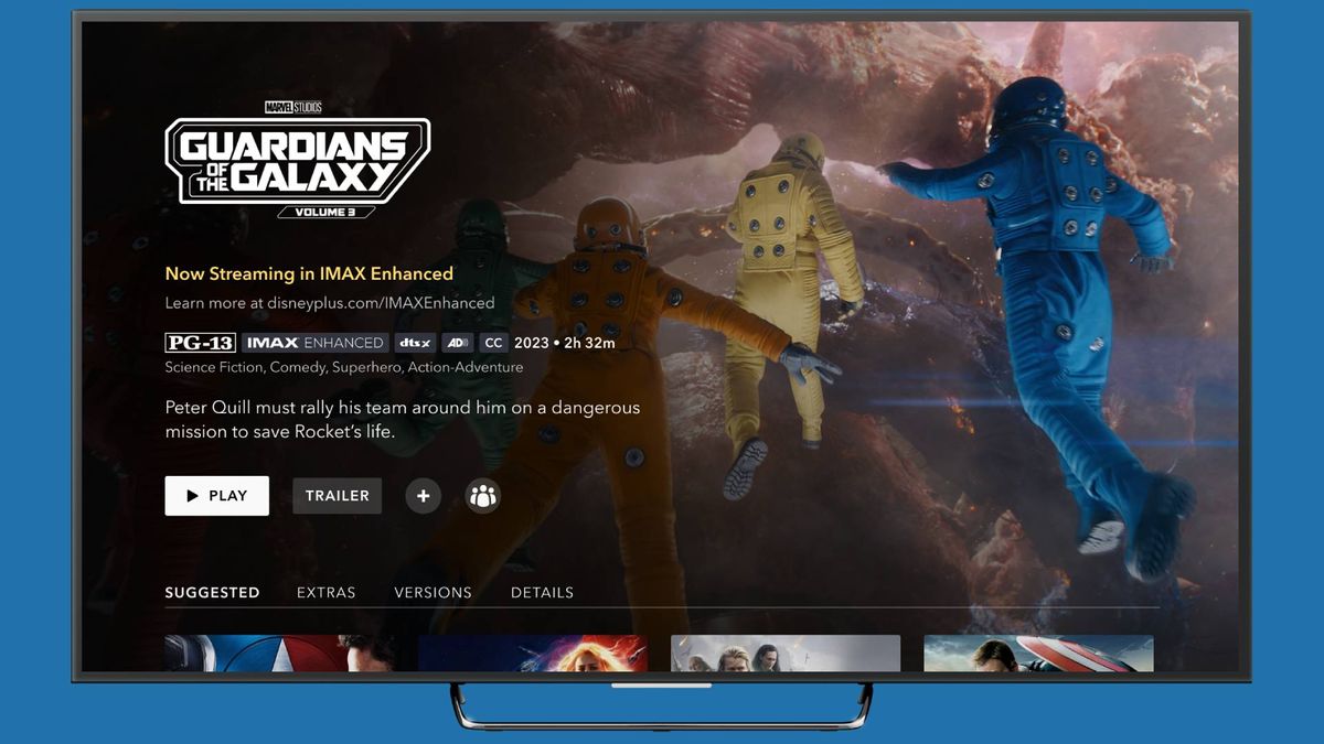 Disney Plus screen interface showing Guardians of the Galaxy 3