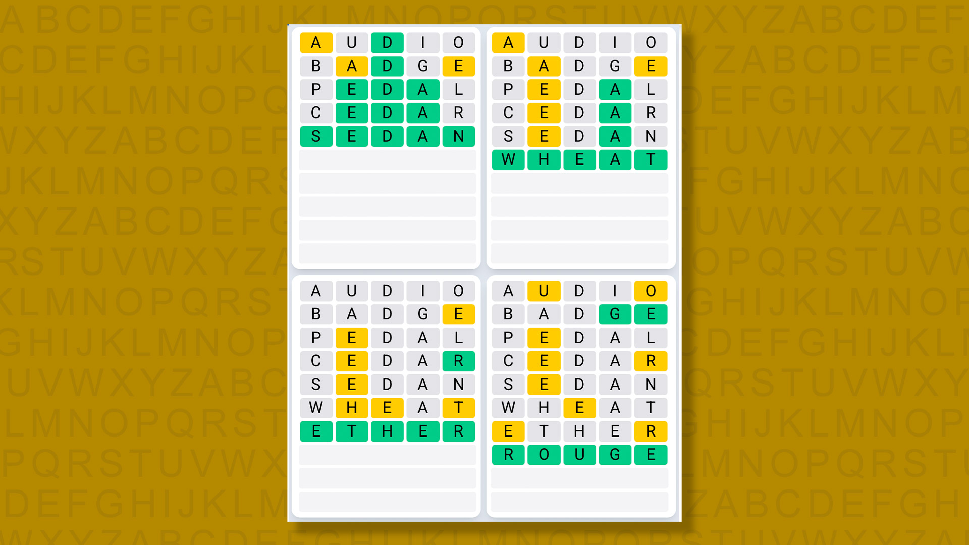 Quordle Daily Sequence answers for game 1456 on a yellow background