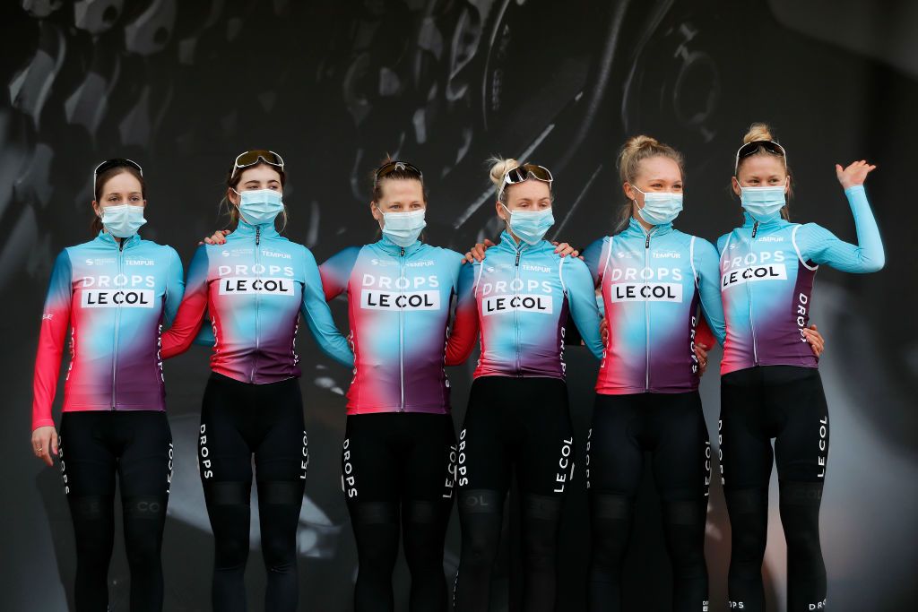 The Drops-Le Col team on the start podium at the La Fleche Wallonne Feminine