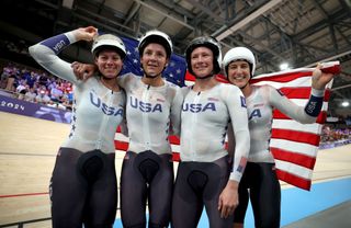 Paris Olympics: Jen Valente, Chloe Dygert, Lily Williams and Kristen Faulkner celebrate their gold medal in women&#039;s team pursuit