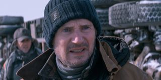 Liam Neeson bundled up, and looking angry, in The Ice Road.