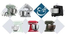 A selection of Ooni, KitchenAid, SMEG, and Cuisinart stand mixers on a white background, with light blue diamonds behind them. There is one dark blue diamond with a white & inside, too. 