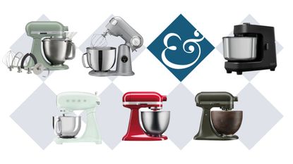 A selection of Ooni, KitchenAid, SMEG, and Cuisinart stand mixers on a white background, with light blue diamonds behind them. There is one dark blue diamond with a white & inside, too. 