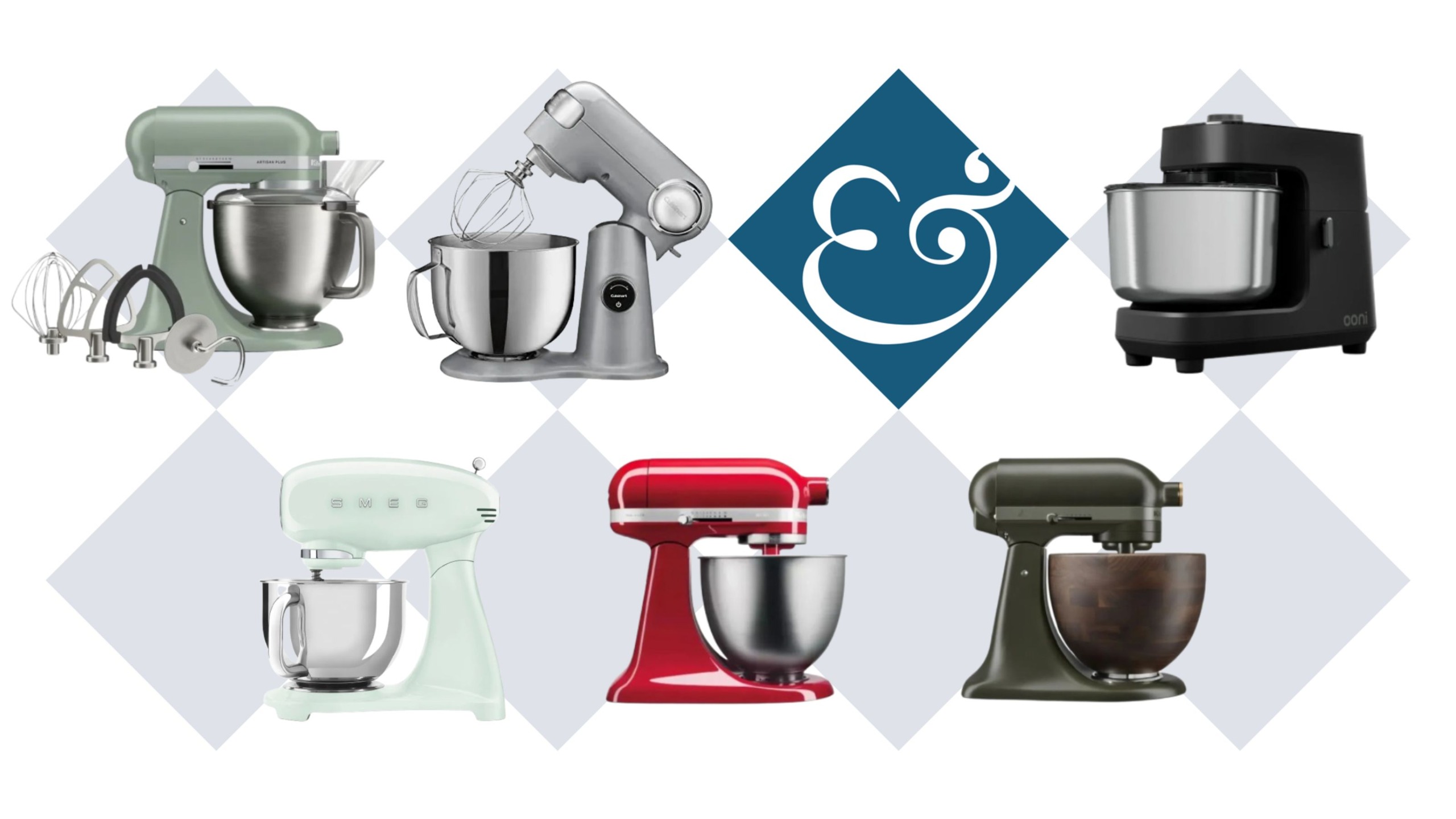 A selection of Ooni, KitchenAid, SMEG, and Cuisinart stand mixers on a white background, with light blue diamonds behind them. There is one dark blue diamond with a white &amp; inside, too. 