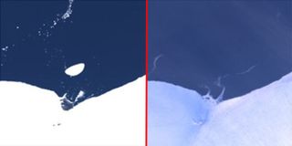 A side-by-side comparison of satellite image before and after the island's disappearance