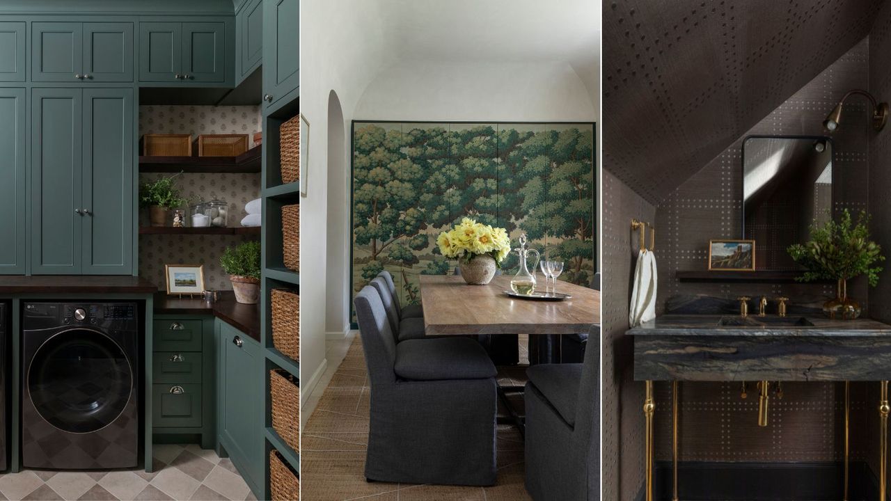 Three spaces using wallpaper in a unique way: a laundry room, dining room, and bathroom