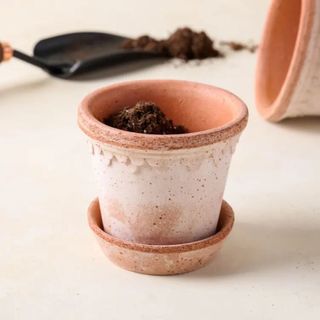 A Terracotta plant pot, filled with soil. It has some subtle decoration around the outside and a scoop with soil and another pot in the background