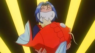 Pokemon anime screenshot of James from Team Rocket holding a Magikarp